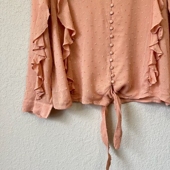 NWT ENTRO Ruffled Long Sleeve Tie Front V-Neck Blouse Top in Peach - Picture 3 of 9
